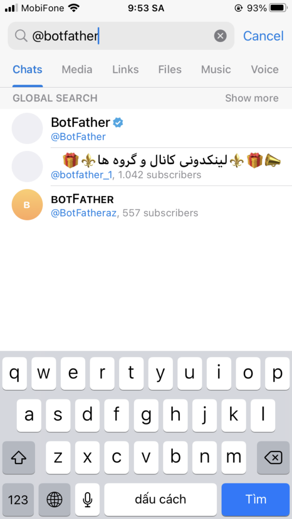 Tìm kiếm @BotFather