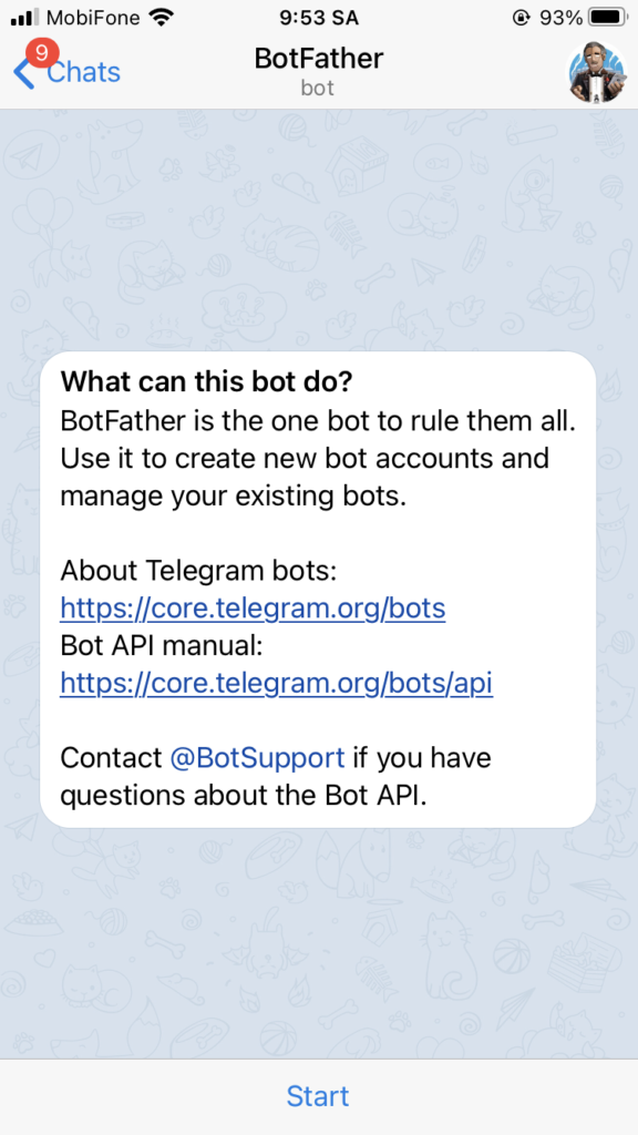 nhấn start để bắt đầu tạo bot