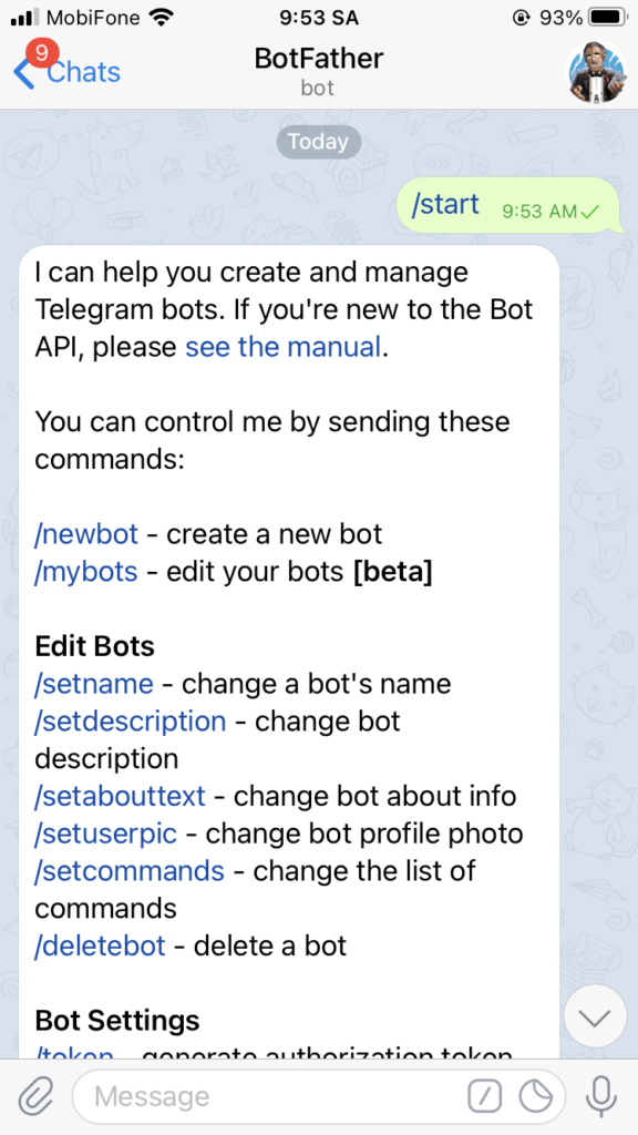 chọn /newbot để tạo bot mới