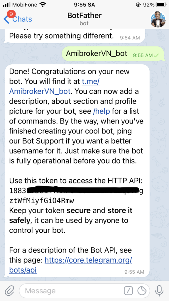 bot đã đươc tạo xong, lưu mã API để sủ dụng