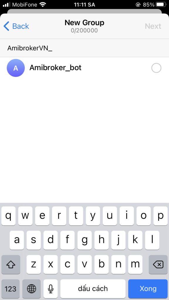 Tìm nick bot vừa tạo để thêm vào group chat