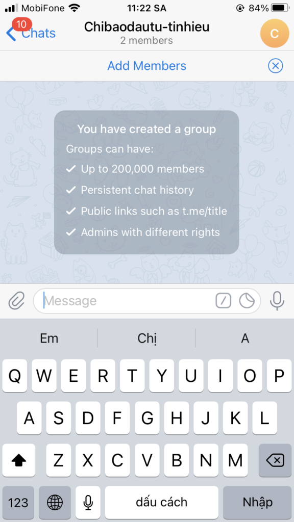 Group chat đã hoàn thành và có thể gửi tin nhắn