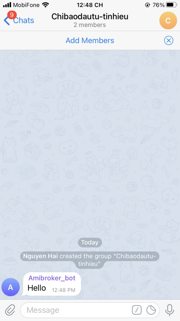 Khi chạy đường link bot sẽ lập tức nhắn tin vào group chat