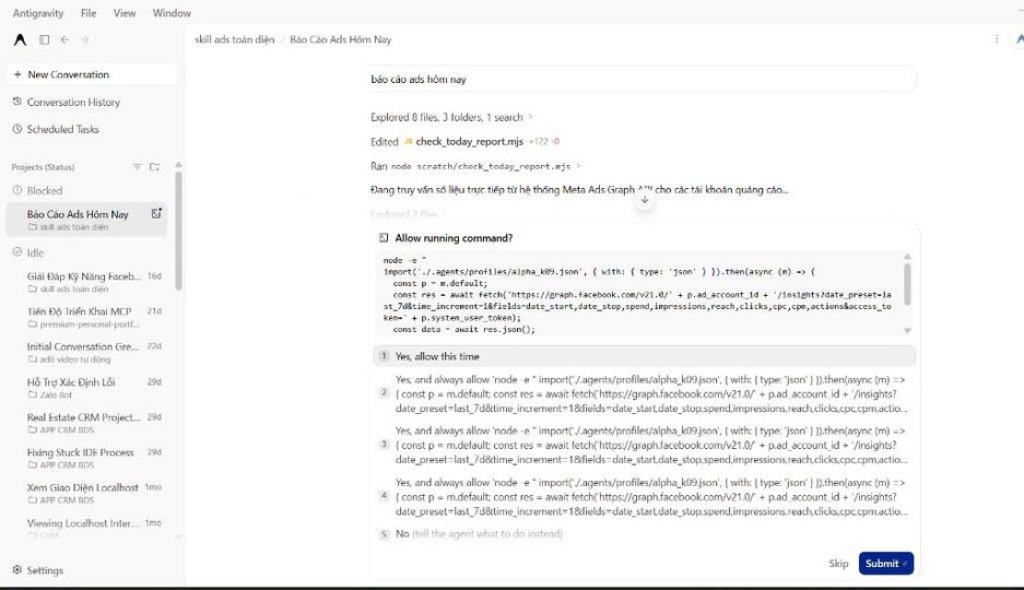 Lỗi Google Antigravity 2.0 bị Blocked và hiện modal Allow running command bắt bấm Submit
